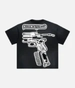 Black oversized t-shirt with white pistol graphic - back view