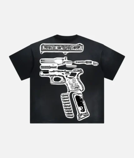 Black oversized t-shirt with white pistol graphic - back view