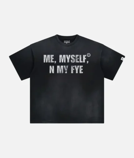 Black oversized t-shirt with ME, MYSELF, N MY FYE text - front view